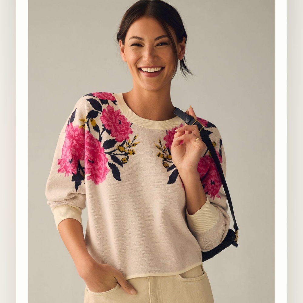 Anthropologie Maeve Cropped Crewneck Sweater